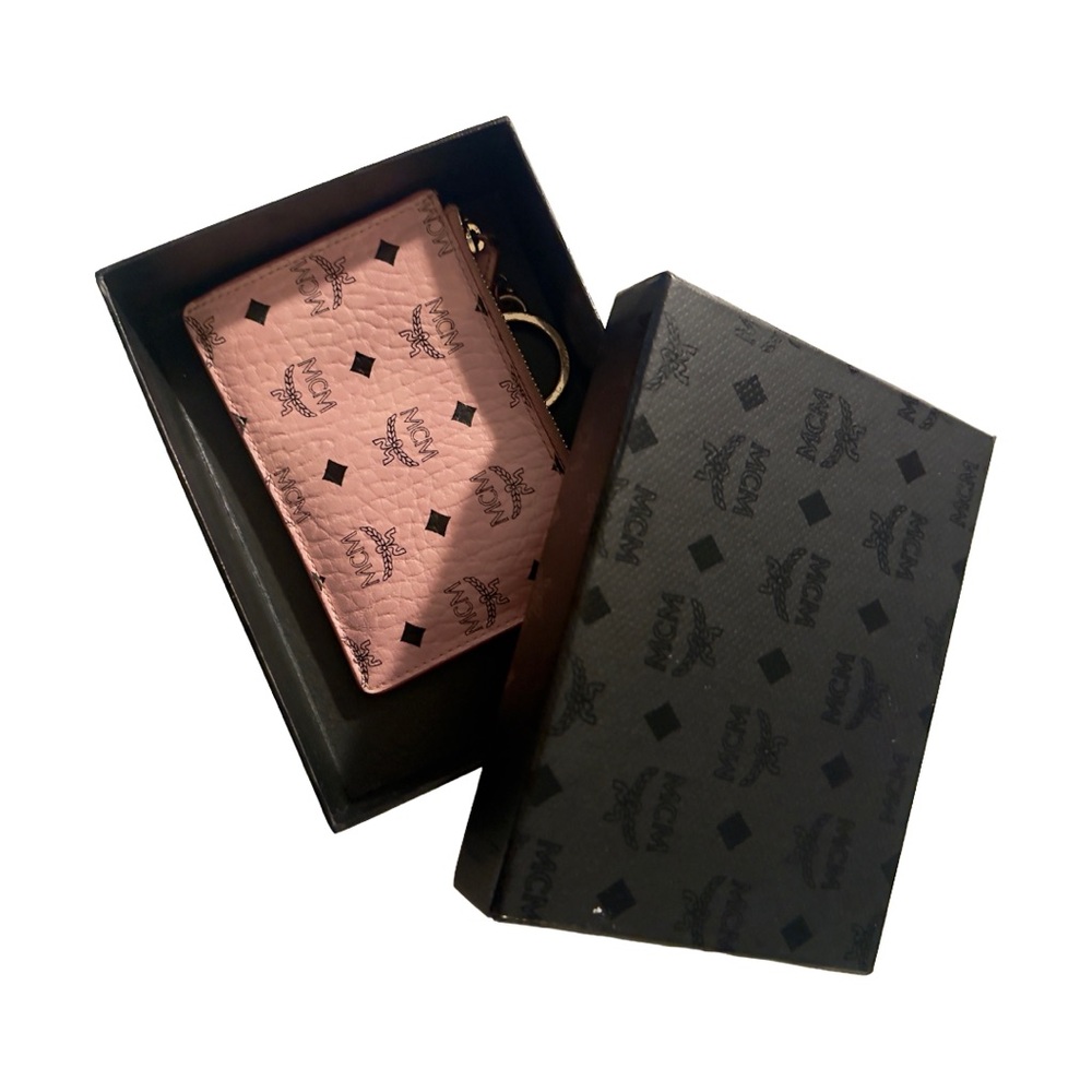 MCM Visetos Monogram Logo Zip Card Case Gold Keychain Wallet Pouch – Soft Pink - Picture 3 of 8
